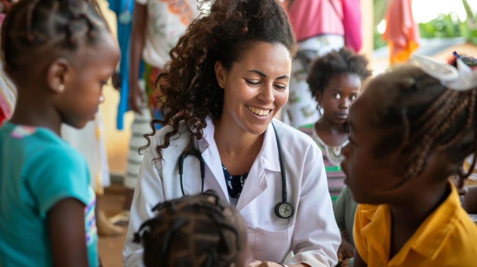 Female humanitarian volunteer working with locals